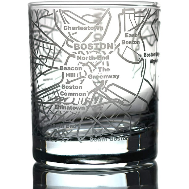 Greenline Goods Whiskey Glasses 10 Oz Tumbler for Boston Lovers | Etched with Boston Map Old Fashioned Rocks Glass Single Glass 